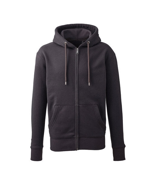Charcoal grey Anthem AM002 men's full-zip hoodie, neatly folded in a flat lay.