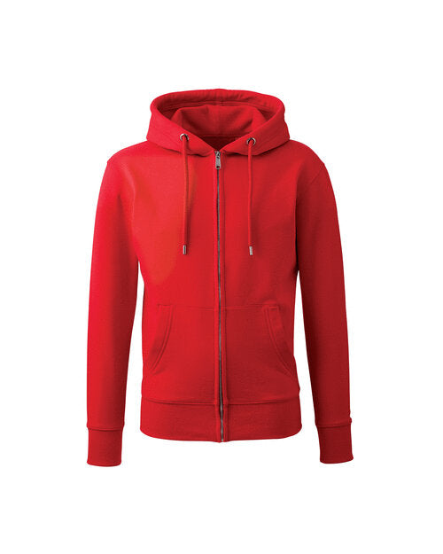 Vibrant red Anthem AM002 men's full-zip hoodie, displayed in a flat lay style.