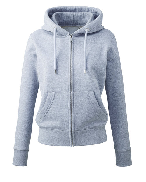 Flat lay of the Anthem AM004 women's zip hoodie in a classic gym grey.