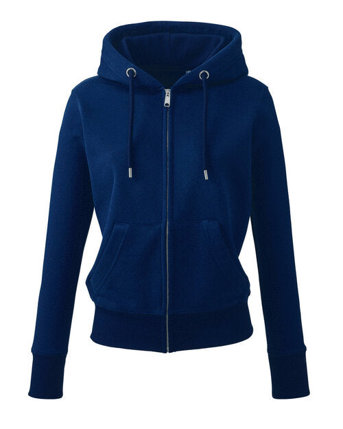 Anthem AM004 women's full-zip hoodie in navy blue, shot from a top-down angle.