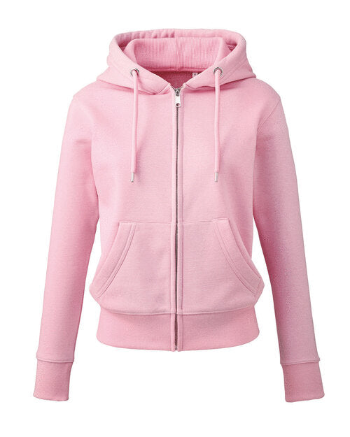 Soft pink Anthem AM004 women's zip hoodie, featured in a clean flat lay image.
