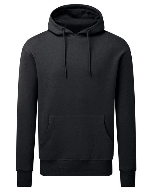 Top-down flat lay view of the Anthem AM006 unisex hoodie in classic black.