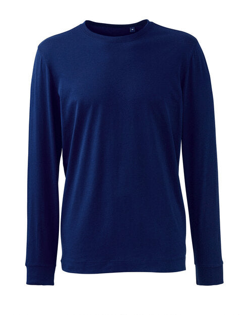 Navy blue Anthem AM011 long sleeve t-shirt, neatly folded in a flat lay.