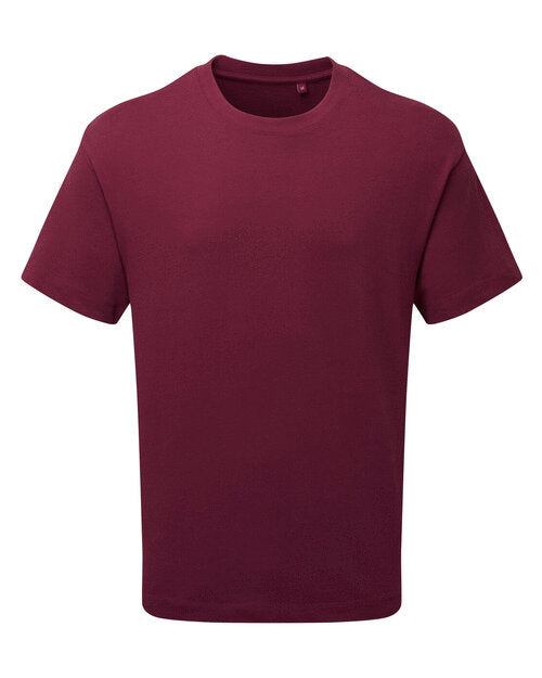 Flat lay view of the Anthem AM015 men's heavyweight t-shirt in a deep burgundy color.