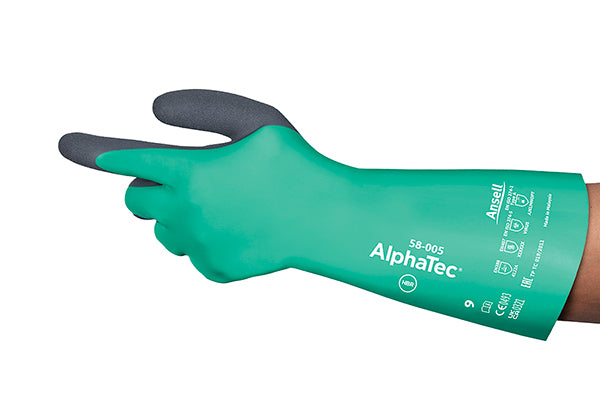 A single Ansell AlphaTec 58-005 red and black chemical gauntlet glove.