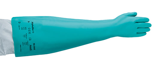 A single red and black Ansell AlphaTec 58-008 chemical gauntlet glove.