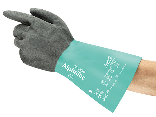 Blue and grey Ansell AlphaTec 58-535B chemical glove with textured grip.