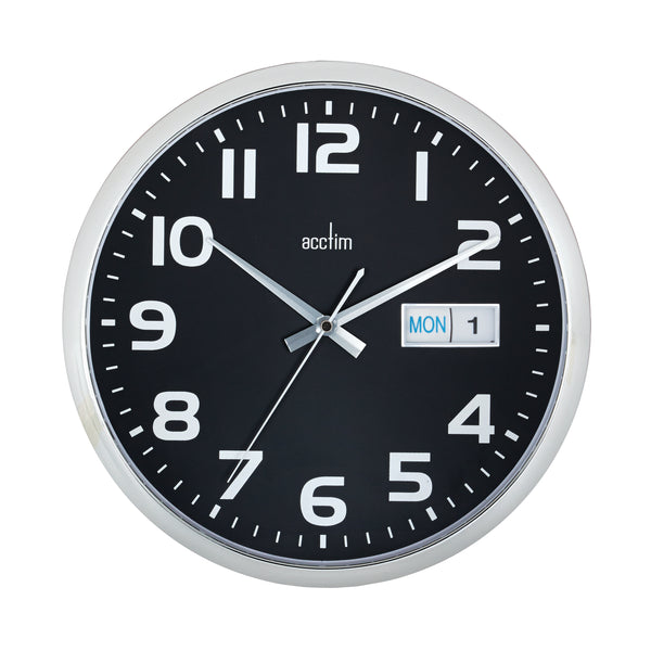 Acctim Supervisor wall clock with a sleek chrome frame and a bold black face, measuring 320mm for clear visibility.