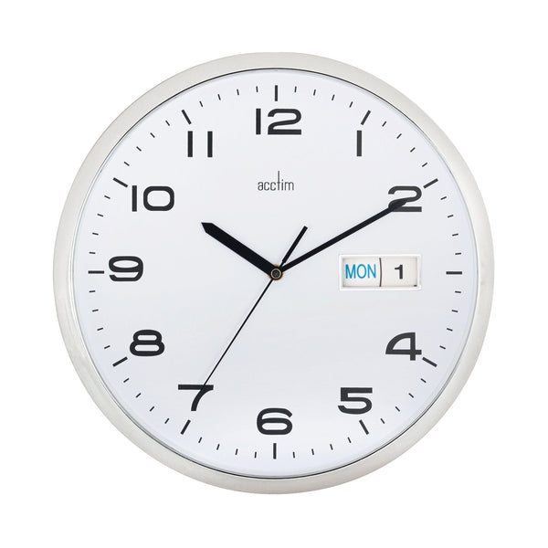 The Acctim Supervisor wall clock shown with a modern chrome finish and a crisp white dial, 320mm in diameter.