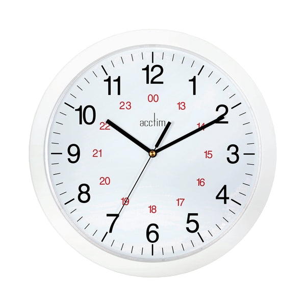 White Acctim Metro 24-hour wall clock with a durable plastic frame and a compact 300mm size, perfect for any office space.