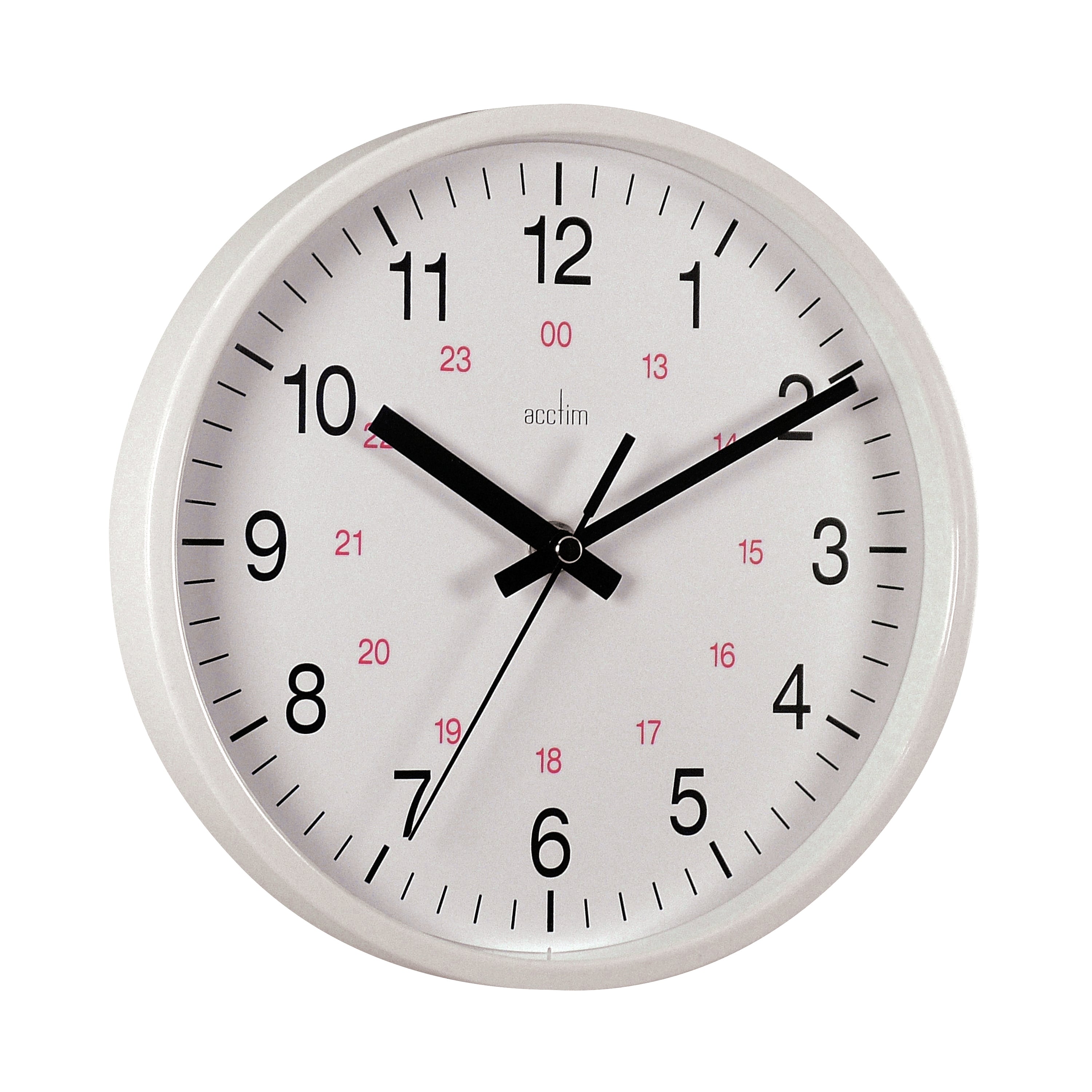 Front view of the Acctim Metro 24-hour plastic wall clock in white, featuring a 355mm diameter and clear numerical display.