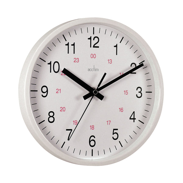 Front view of the Acctim Metro 24-hour plastic wall clock in white, featuring a 355mm diameter and clear numerical display.