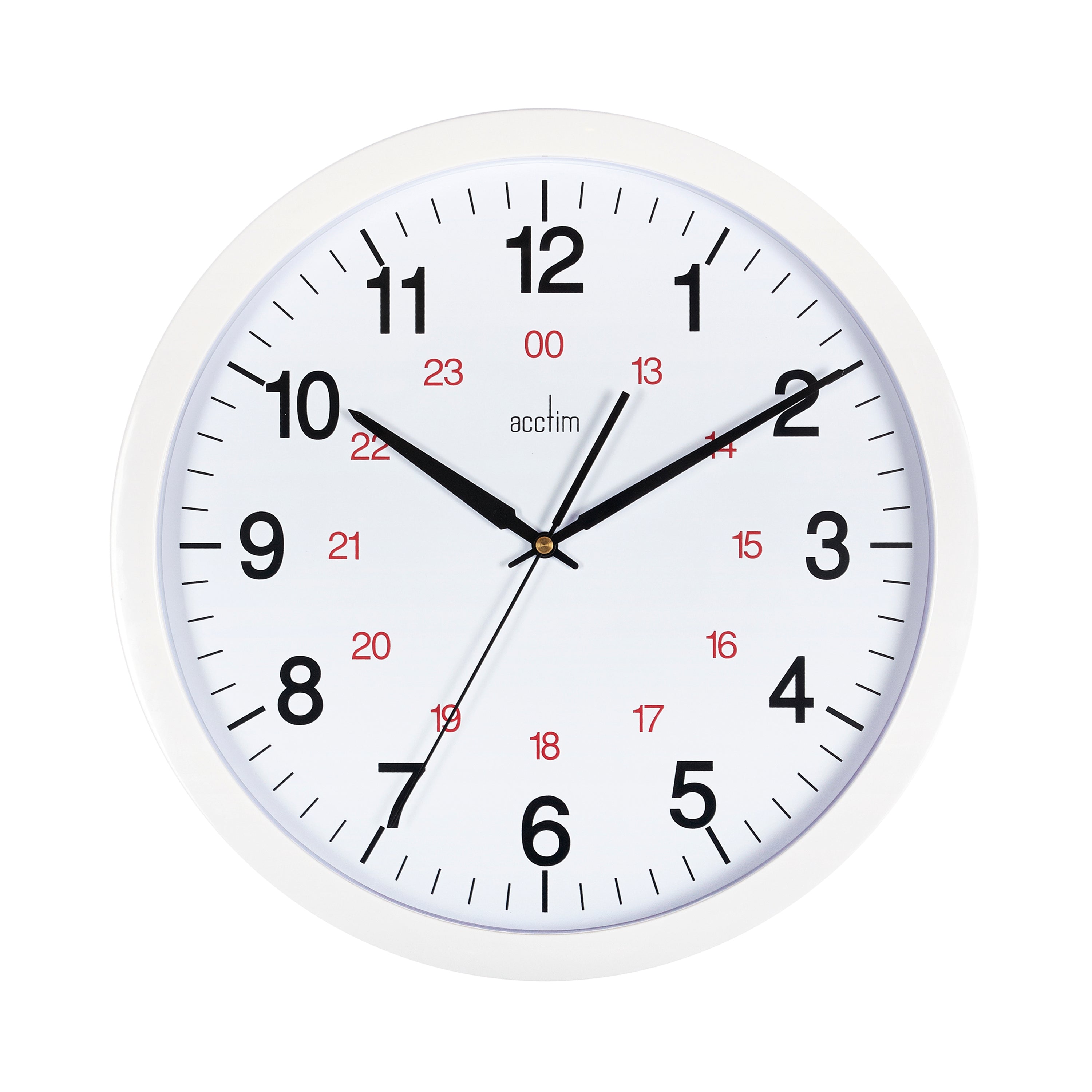 Angled shot of the white Acctim Metro 24-hour wall clock, highlighting its slim profile and classic round design.