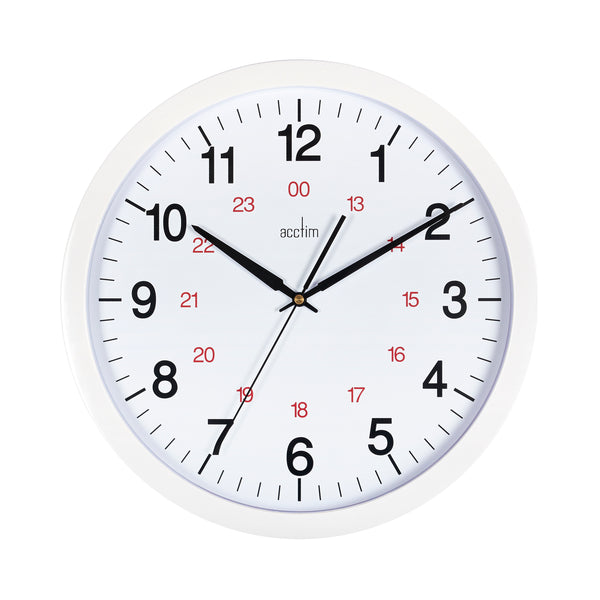 Angled shot of the white Acctim Metro 24-hour wall clock, highlighting its slim profile and classic round design.