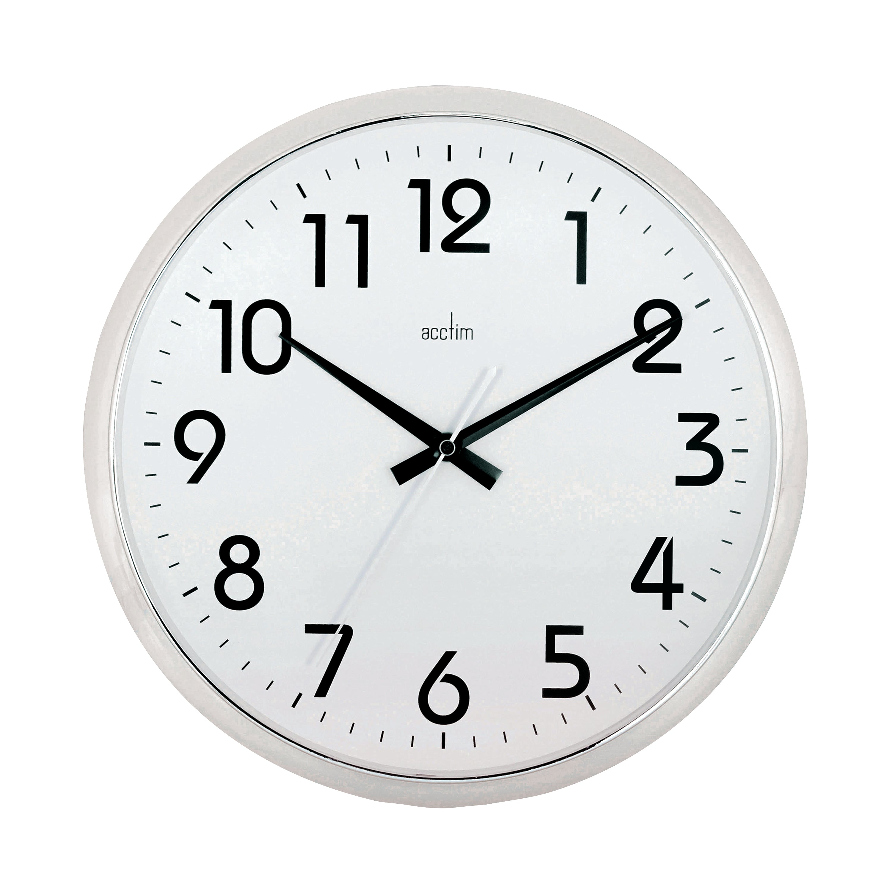 A 320mm Acctim Orion wall clock with a silent sweep hand, chrome bezel, and minimalist white face for a contemporary look.