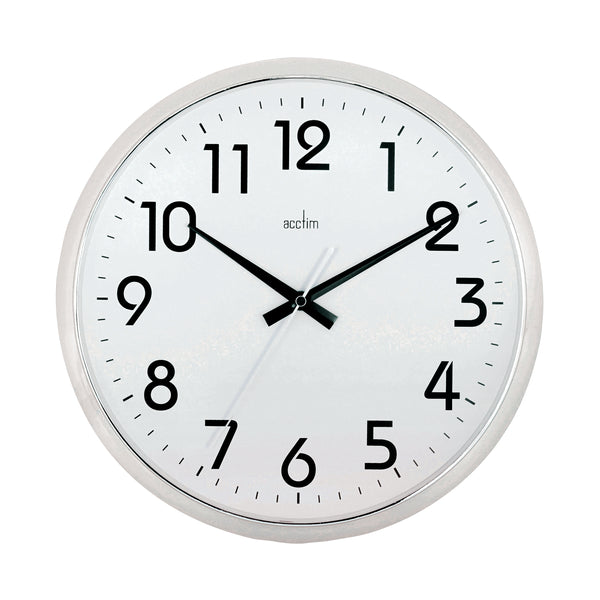 A 320mm Acctim Orion wall clock with a silent sweep hand, chrome bezel, and minimalist white face for a contemporary look.