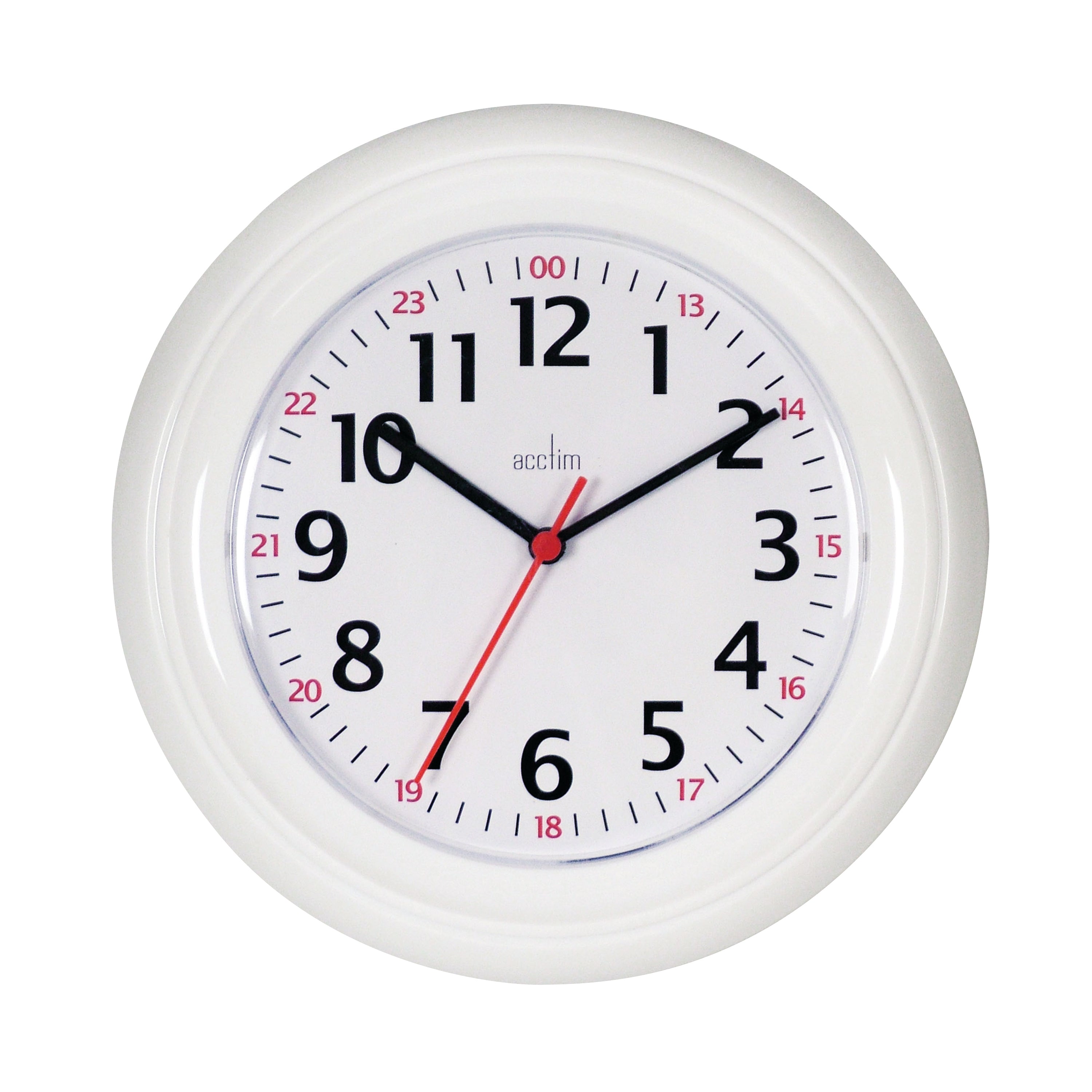 A white Acctim Wexham 24-hour plastic wall clock, showcasing its practical and straightforward design for professional environments.