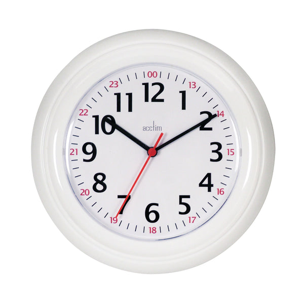 A white Acctim Wexham 24-hour plastic wall clock, showcasing its practical and straightforward design for professional environments.