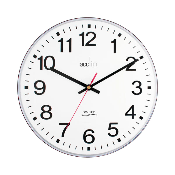 Acctim Clarkenwell 300mm silent wall clock in white, featuring a non-ticking mechanism for peaceful, quiet environments.