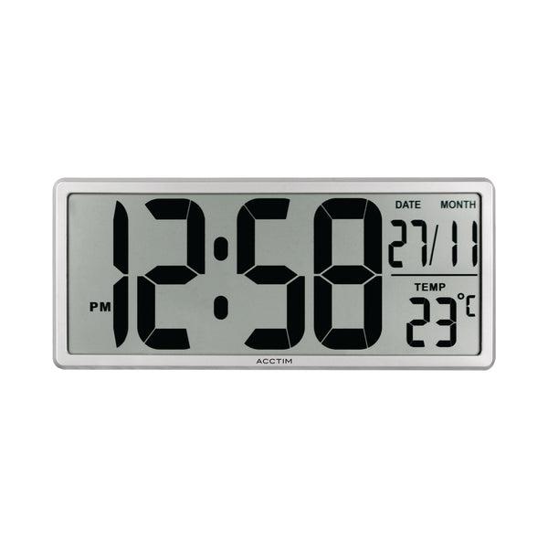 The Acctim Date Keeper Jumbo LCD clock, displaying the time, date, and day clearly. Can be wall-mounted or used on a desk.