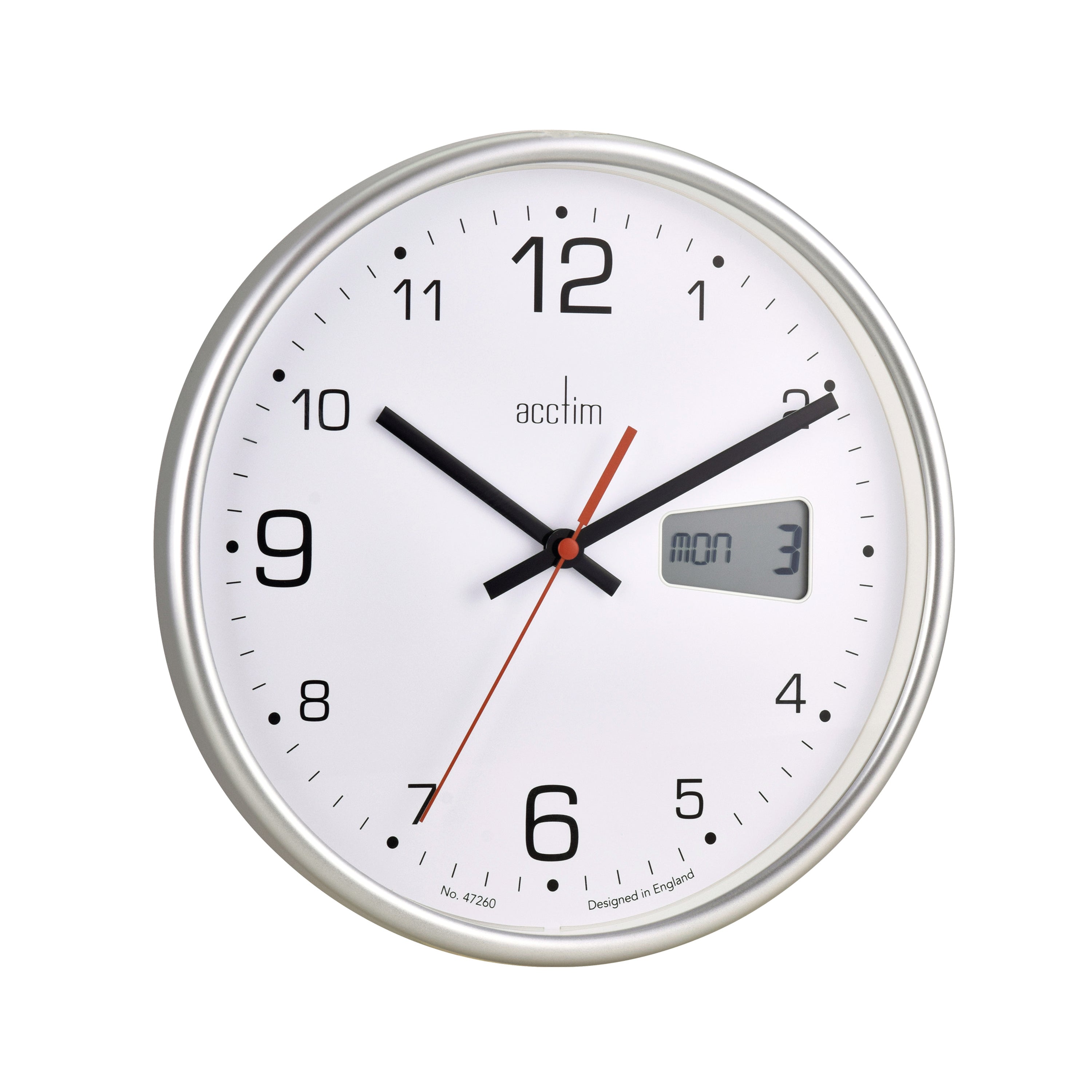 Acctim Kalendar Wall Clock with Digital Date 270mm Diameter Silver Frame 22367