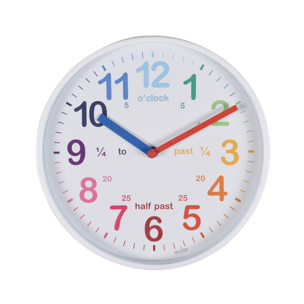 A white Acctim Wickford time-teaching clock with colorful numbers and hands, designed for easy and fun learning for kids.