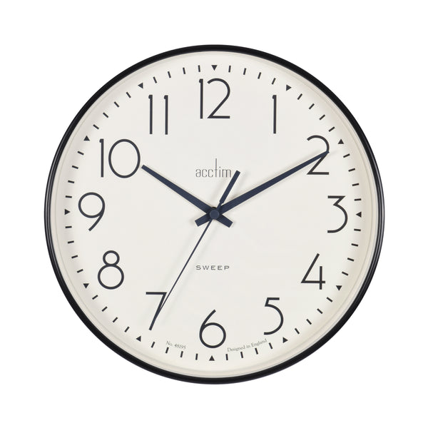 The Acctim Earl 250mm wall clock in black with a non-ticking sweep seconds hand, offering a classic and silent timekeeping solution.