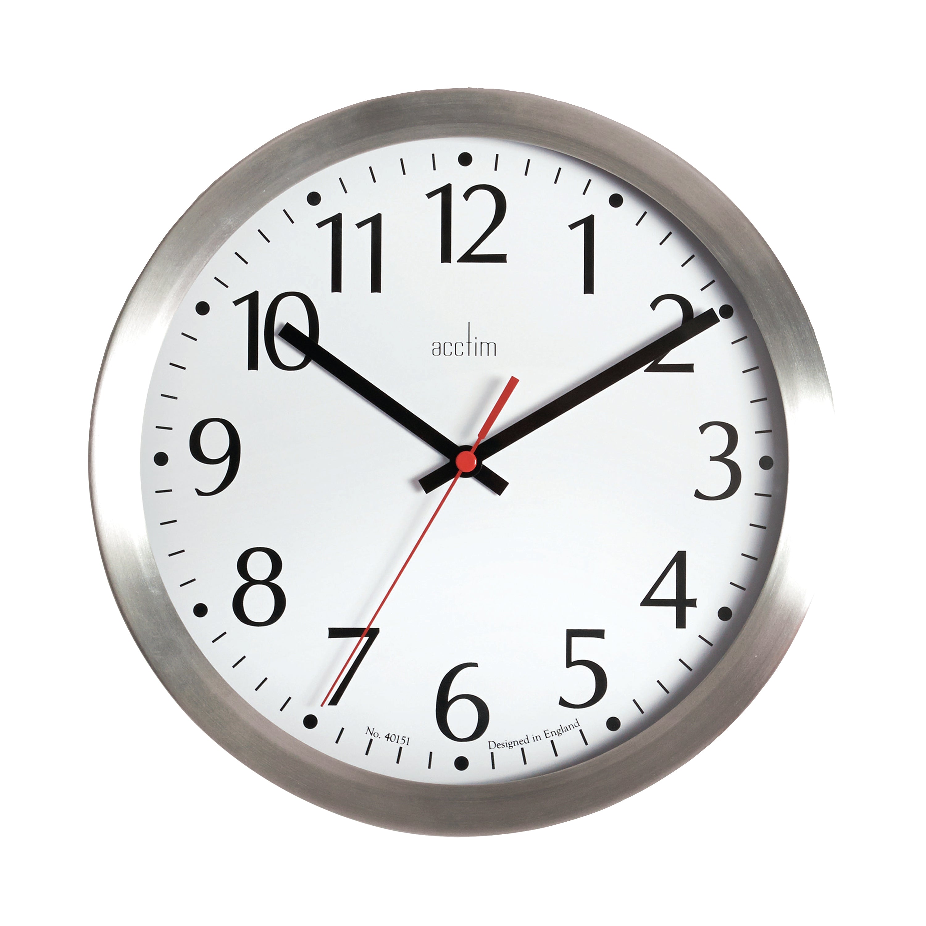 The Acctim Javik 10-inch wall clock, presented with a stylish aluminium frame and a clear, functional dial.