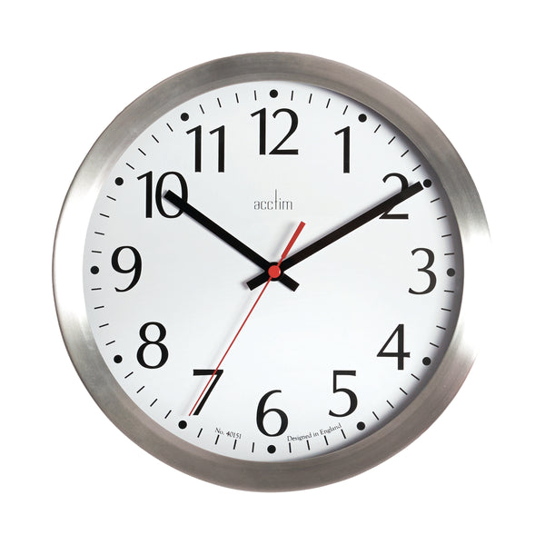 The Acctim Javik 10-inch wall clock, presented with a stylish aluminium frame and a clear, functional dial.