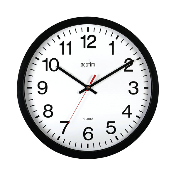 The 368mm Acctim Controller wall clock in black with a silent sweep mechanism, ensuring a quiet and focused environment.