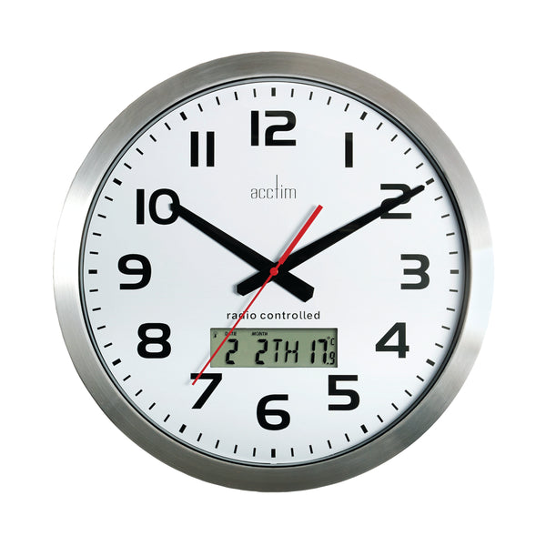 Front profile of the Acctim Meridian radio-controlled wall clock with a brushed aluminium frame and a clear, legible display.