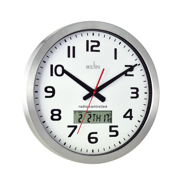 Angled perspective of the aluminium Acctim Meridian radio-controlled clock, showing its depth and sleek side profile.