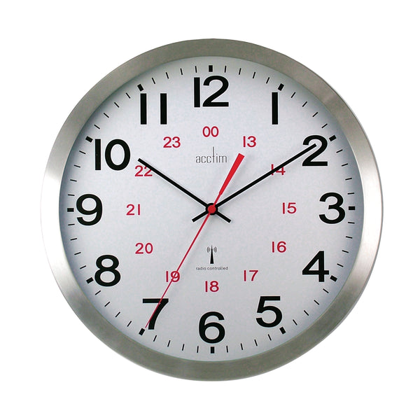 Acctim Century 24-hour radio-controlled clock in aluminium, offering precision timekeeping with a sophisticated metallic finish.