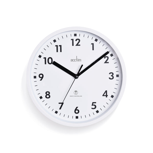 A crisp white Acctim Nardo radio-controlled wall clock, 200mm in size, for accurate and maintenance-free timekeeping.
