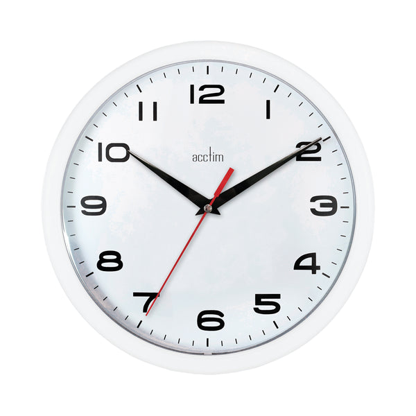 A clean and simple Acctim Aylesbury wall clock in white, offering a timeless and versatile look for any room.