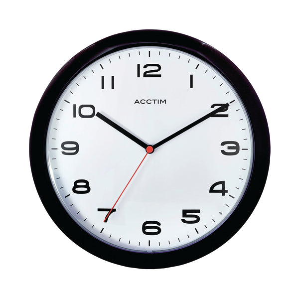 The Acctim Aylesbury wall clock in a classic black, featuring a minimalist design that complements any modern decor.