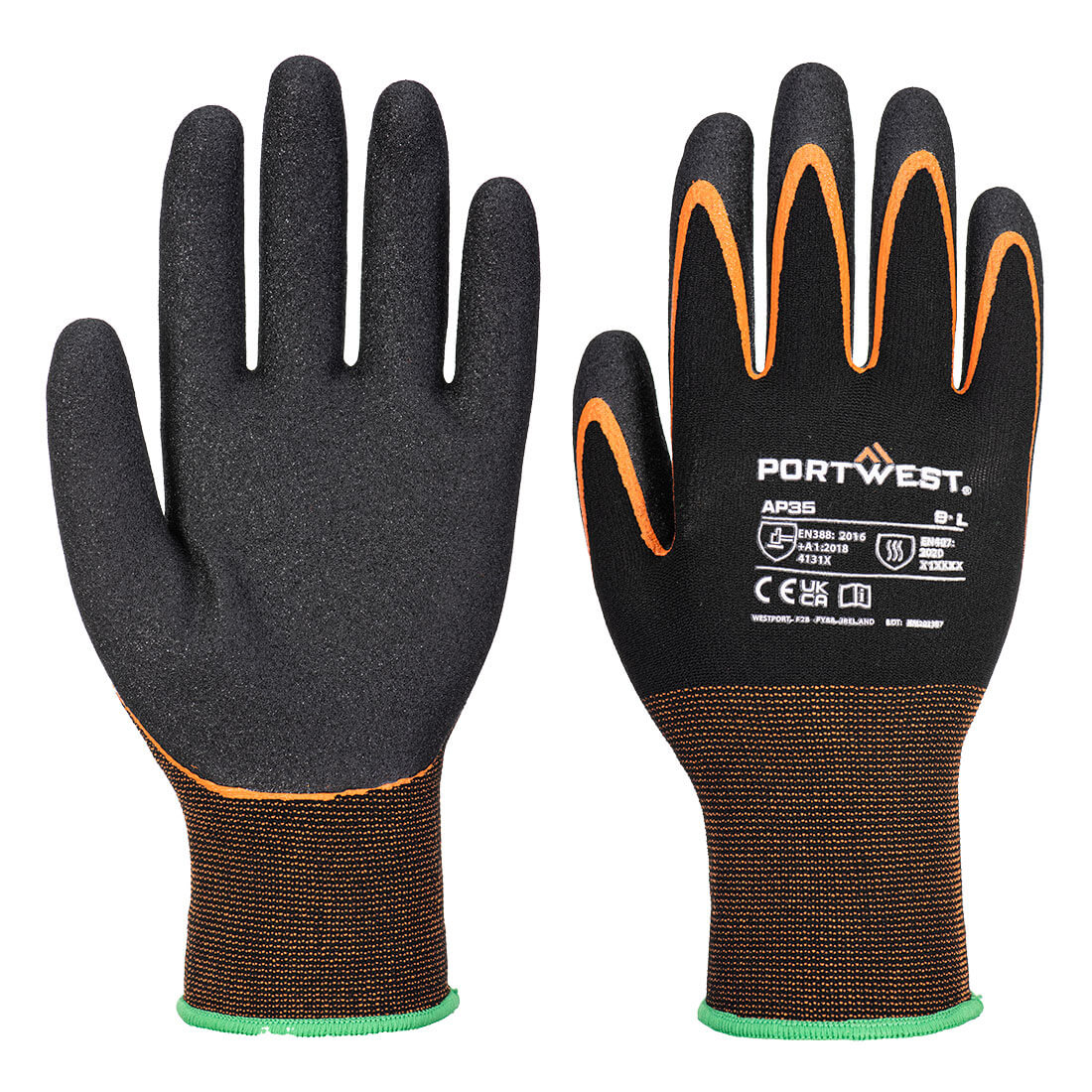 Black Portwest AP35 cut-resistant gloves with orange finger trim and textured palms 