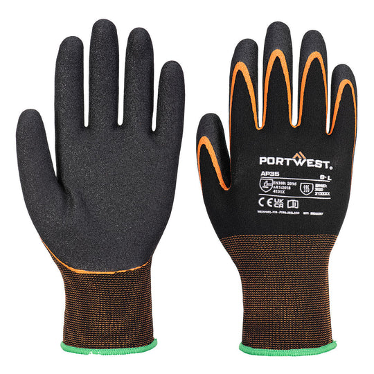 Black Portwest AP35 cut-resistant gloves with orange finger trim and textured palms 