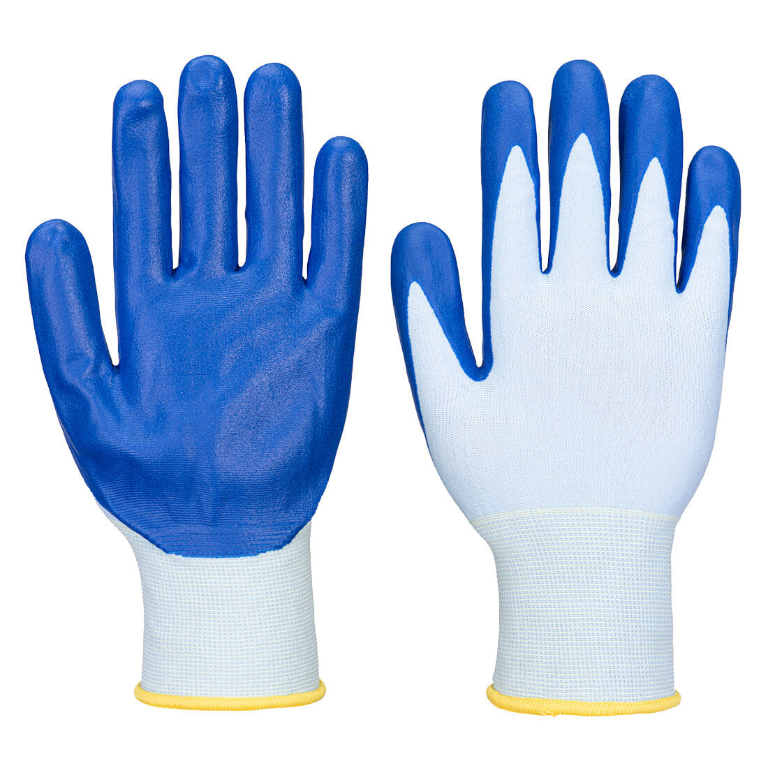 White knit gloves with blue nitrile palm coating and dipped fingertips 