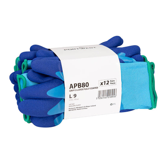 Bundle of 12 blue fully-coated latex Portwest APB80 gloves, size L