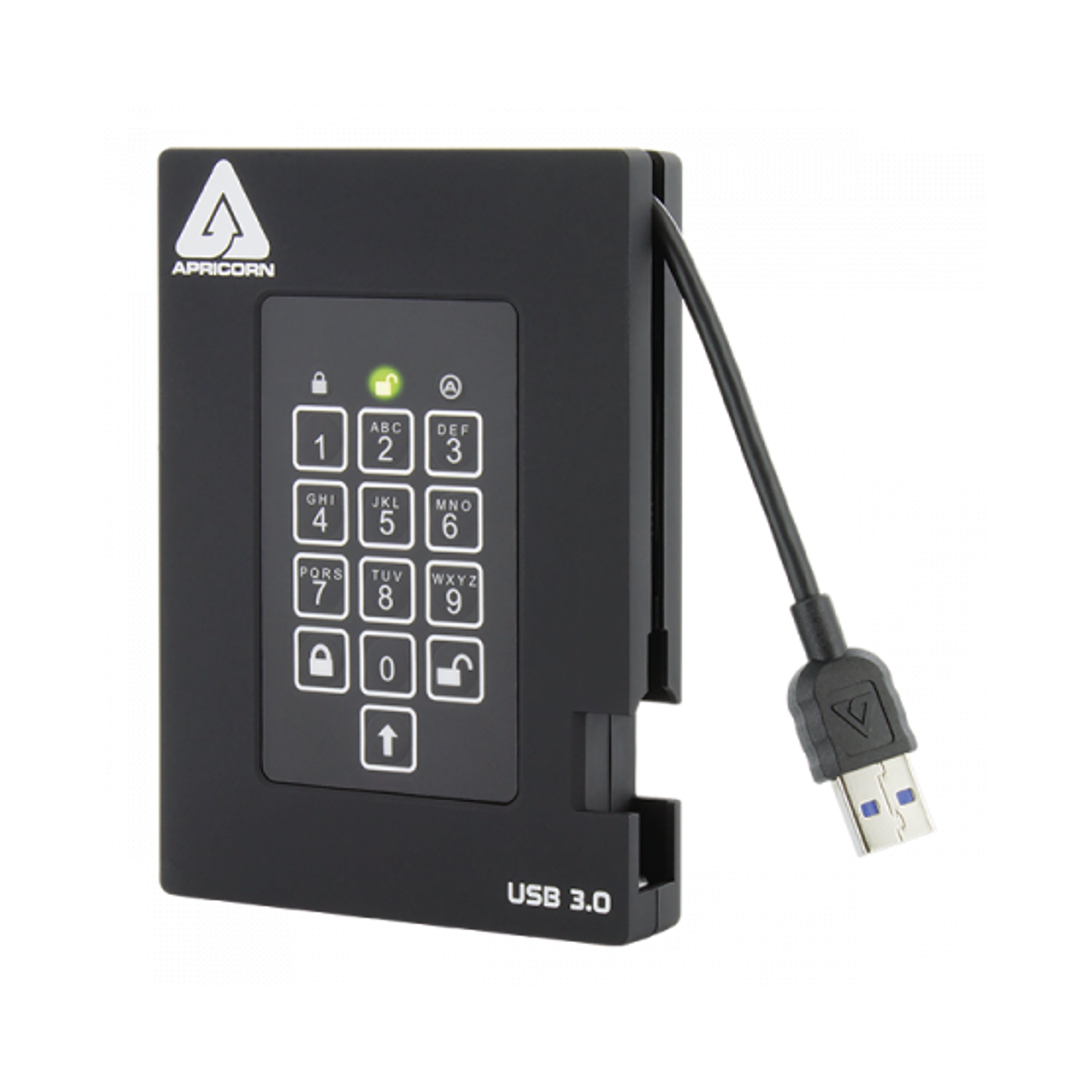 Black 512GB Apricorn Aegis Fortress SSD with keypad for hardware encryption.