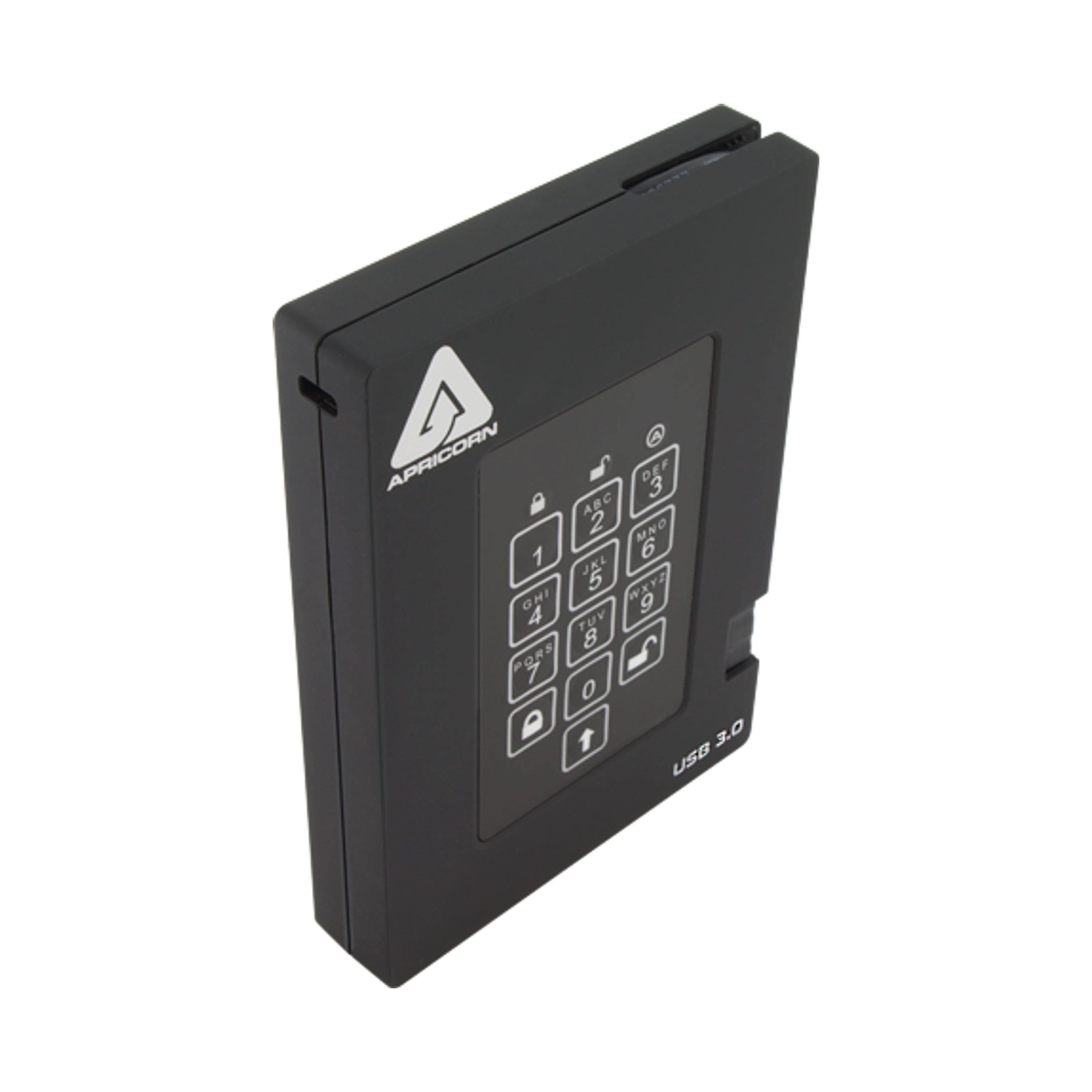 The 512GB Aegis Fortress secure SSD displaying its attached USB 3.0 connector cable.