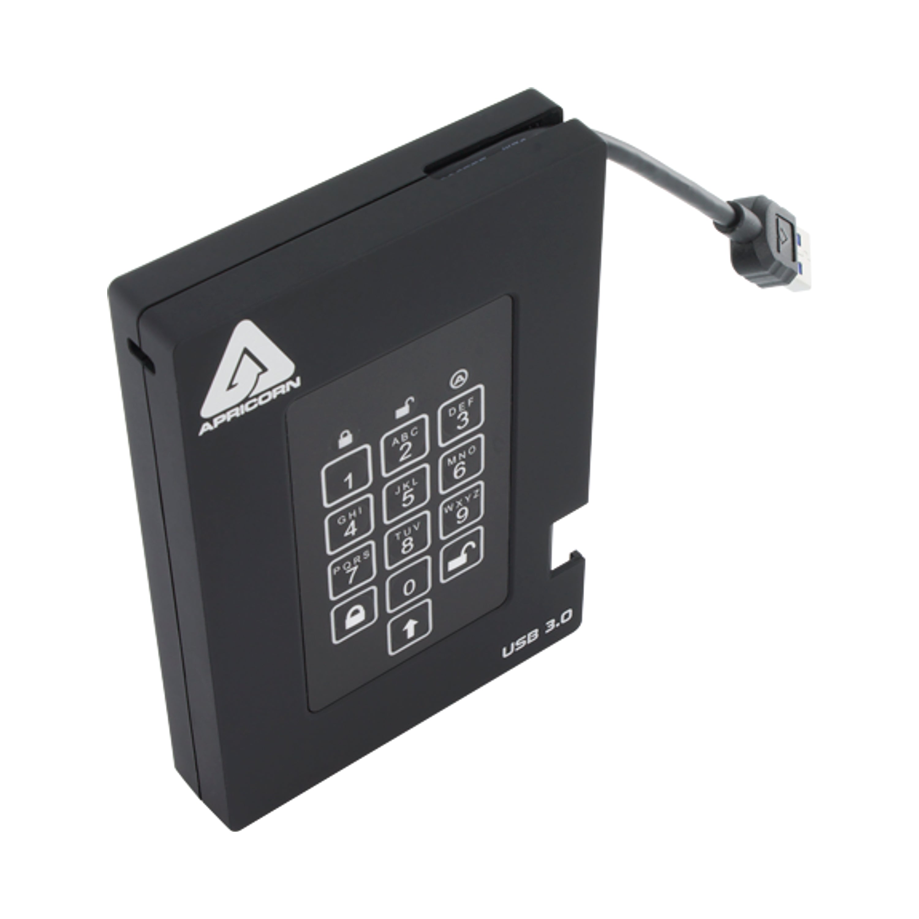 Top-down view highlighting the wear-resistant keypad on the 512GB Fortress SSD.