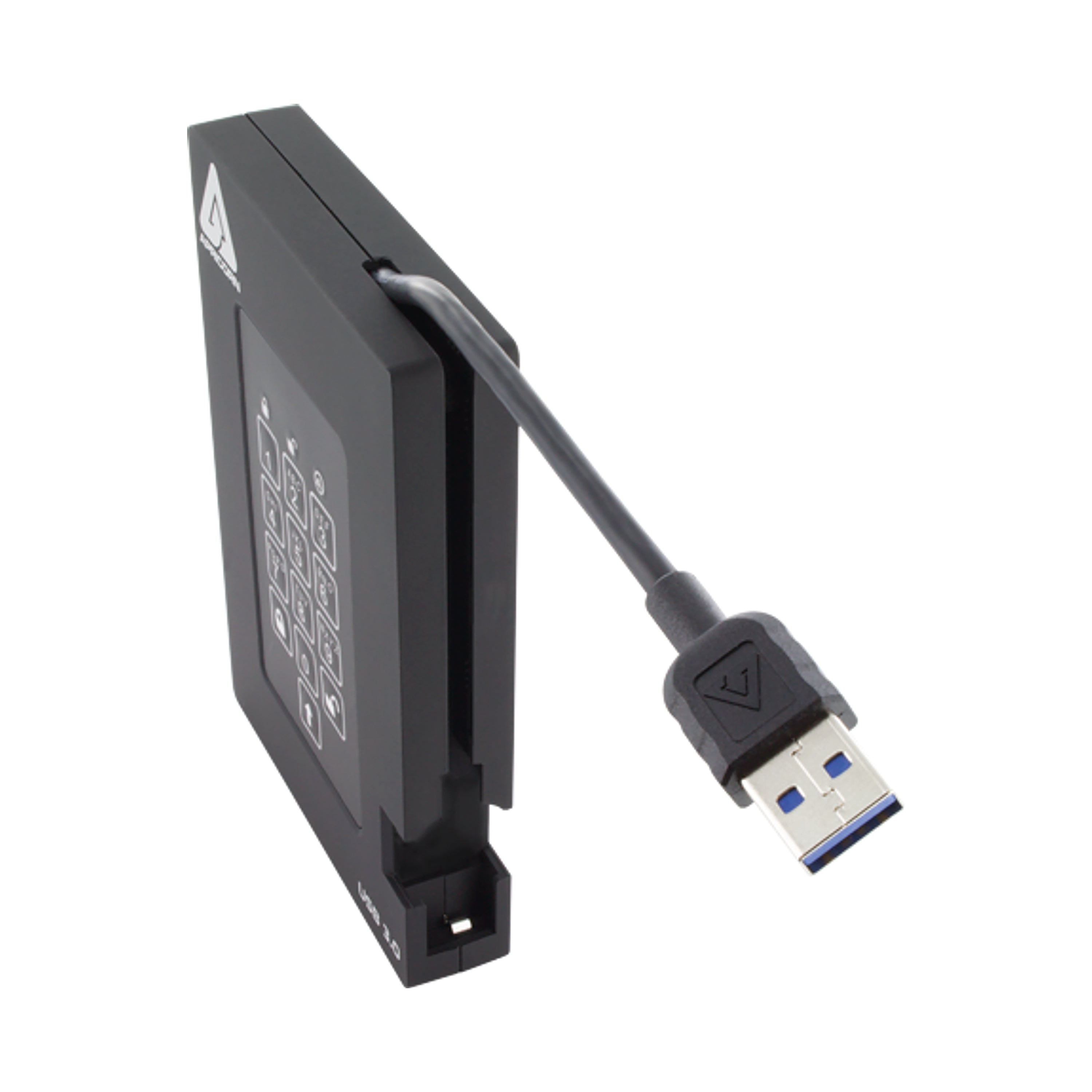 The 512GB Aegis Fortress secure SSD kit with its travel case and extender cable.