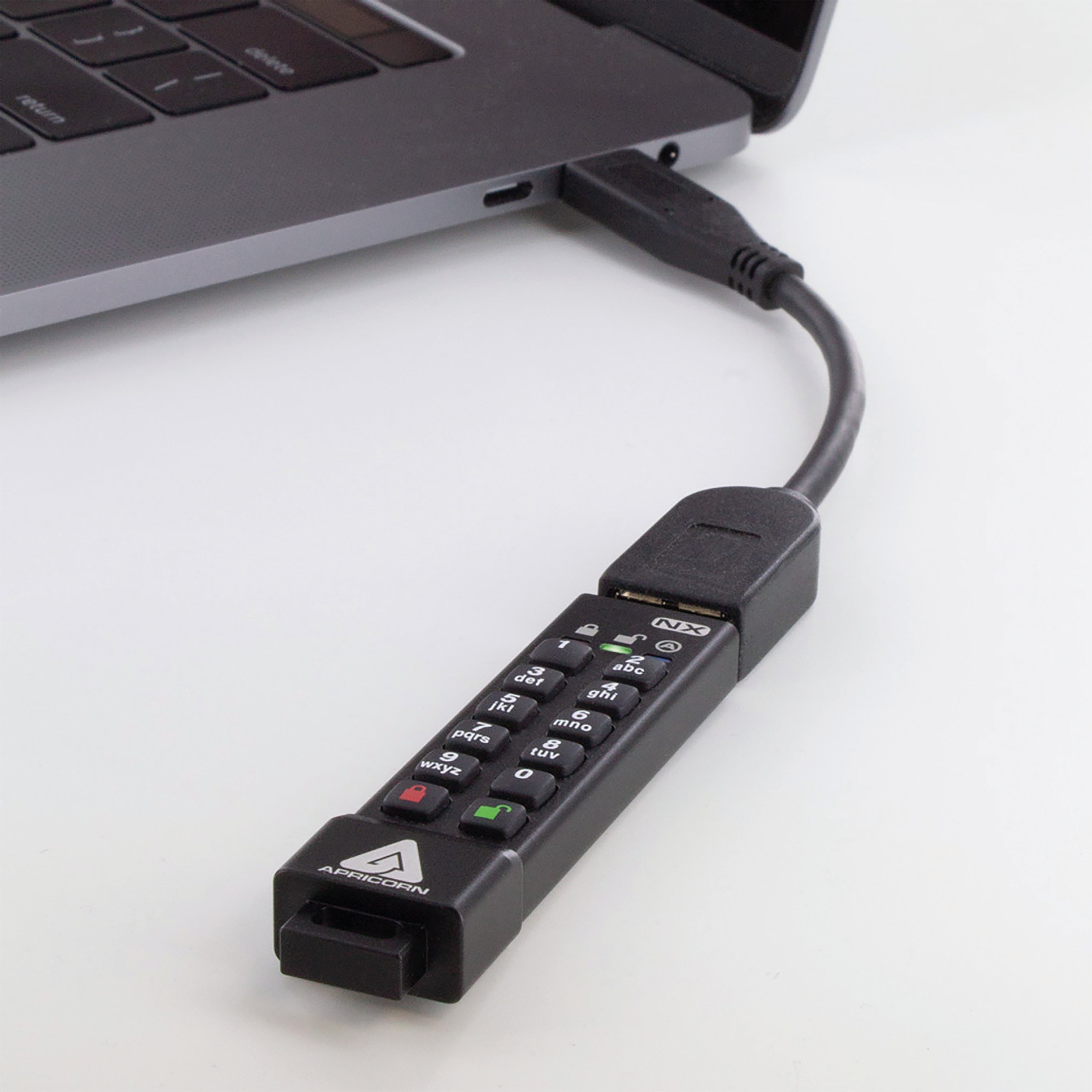 Top-down view of the uncapped Apricorn Aegis Secure Key 3NX 16GB flash drive.