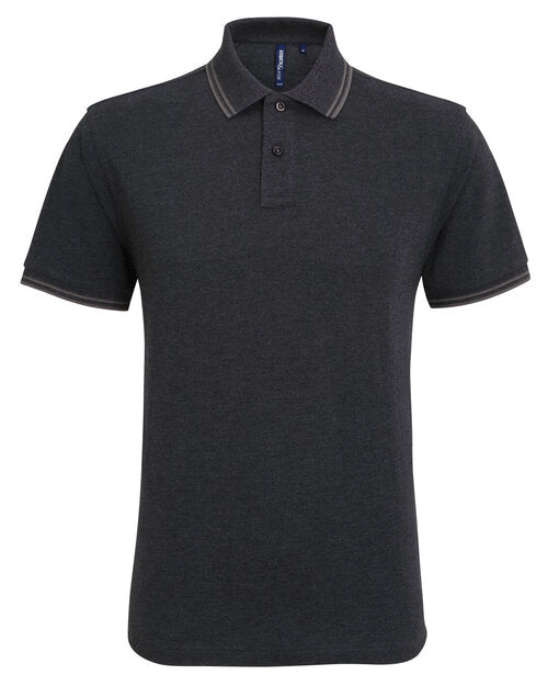 Heather grey Asquith and Fox men's tipped polo AQ011 with charcoal tipping, laid flat.