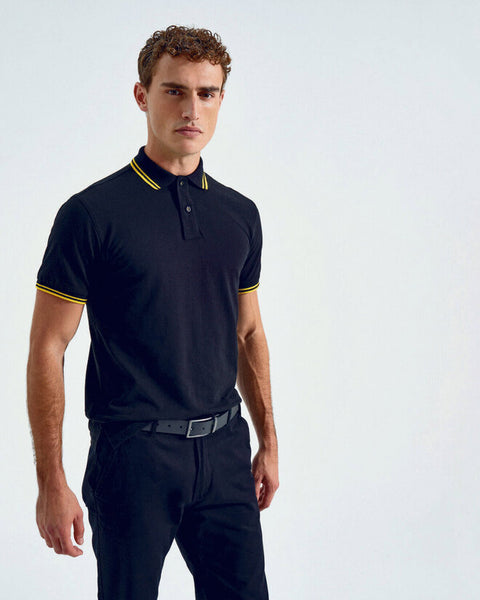 A collection of Asquith and Fox men's classic fit tipped polos AQ011, showing different color combinations.