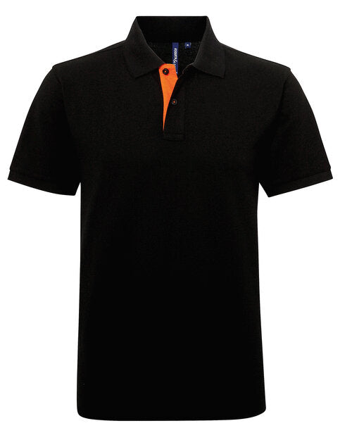 Asquith and Fox men's contrast polo AQ012 in black with bright orange contrast details.