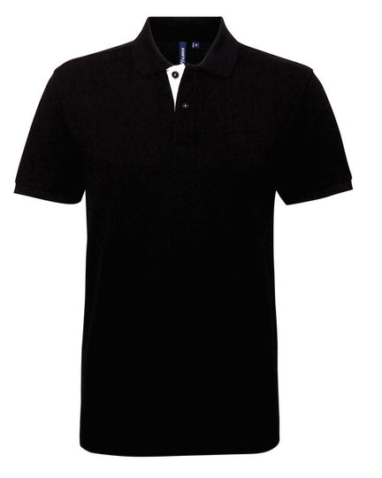 Asquith and Fox men's contrast polo AQ012 in black with white panels, shown in a flat lay.