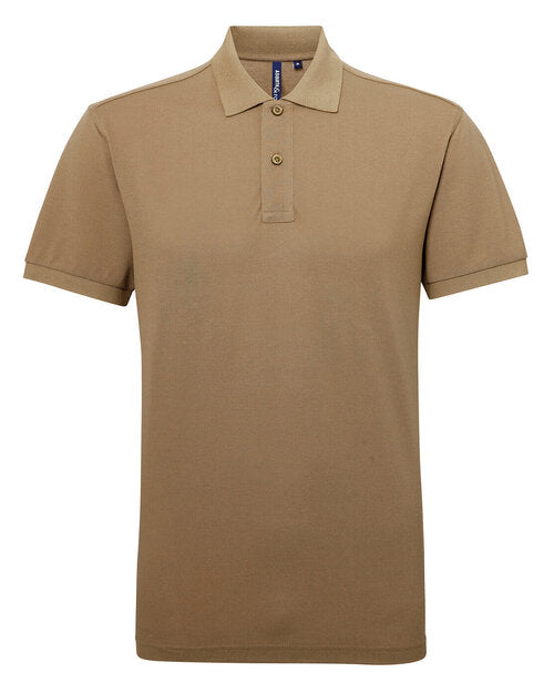 An earthy khaki green Asquith and Fox men's polycotton blend polo AQ015, shot from above.